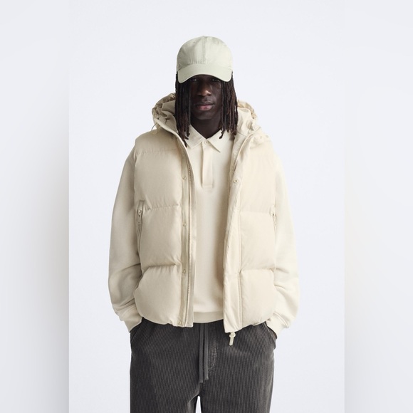 Zara Other - ZARA Men's Cream Hooded Puffer Jacket Vest new‎